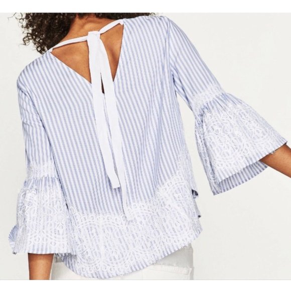 ZARA Striped Blue White Blouse Top Lace Detail - Picture 2 of 14